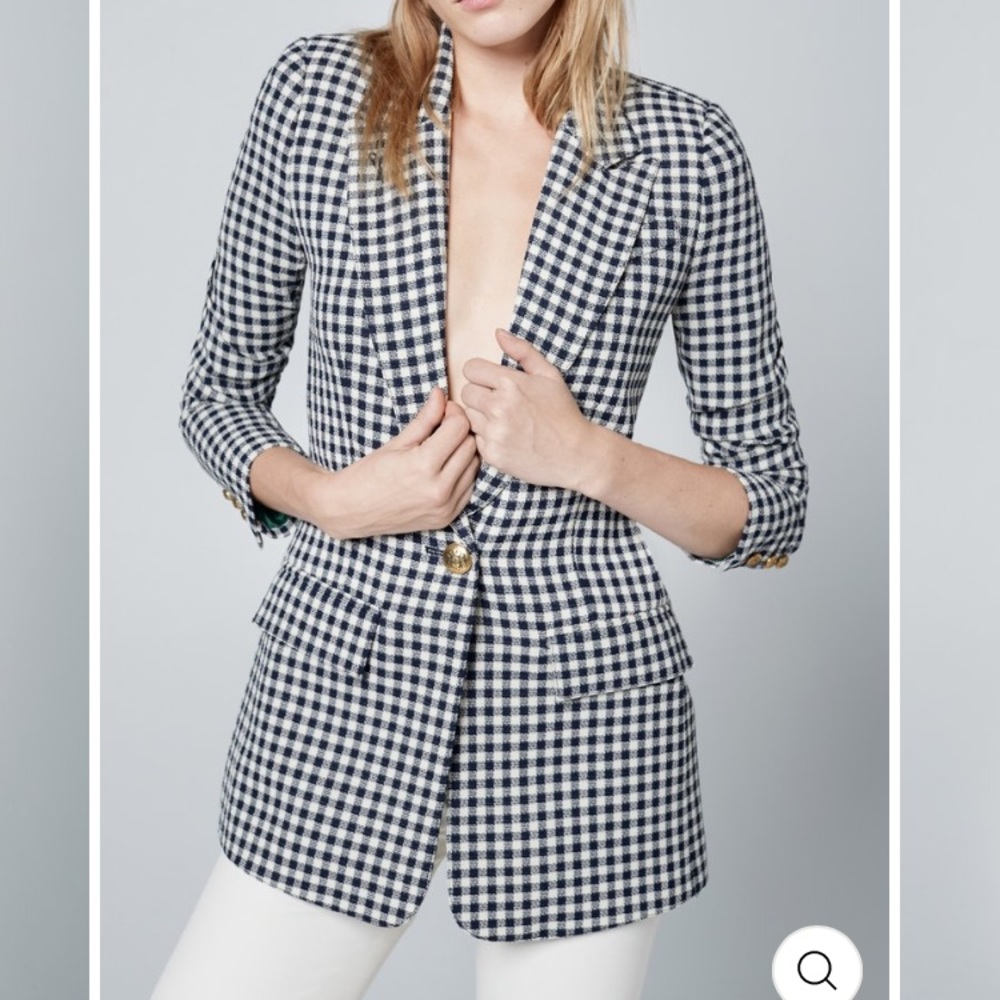 Checked Single-Button Blazer Jacket - Navy & White